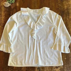 Liz Claiborne | 90’s White Linen/Cotton Blend Ruffle V-Neck Blouse, Bell Sleeve